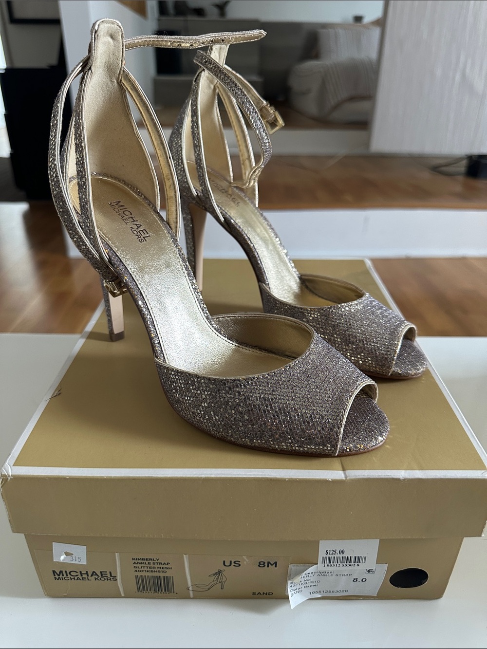 MICHAEL Michael Kors Rose Gold Glitter Peep-Toe Ankle-Strap Heels